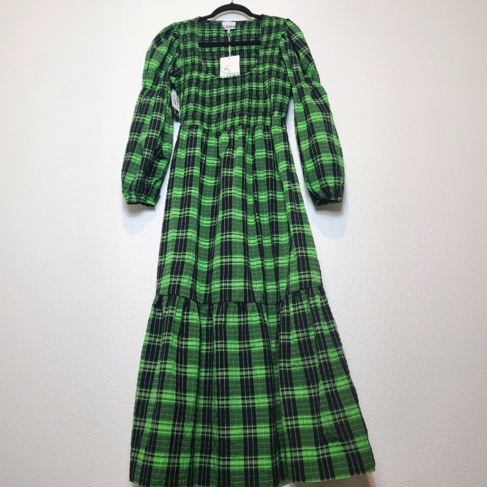 GANNI Seersucker Checked Smocked Maxi Dress in Green NWT Size 40 - Picture 3 of 14